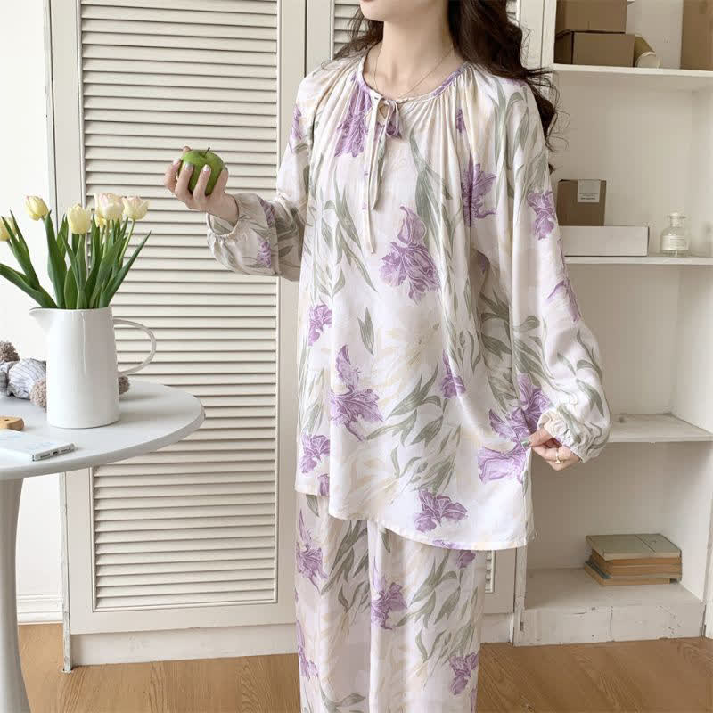 Round Neck Floral Butterfly Print Loungewear Set