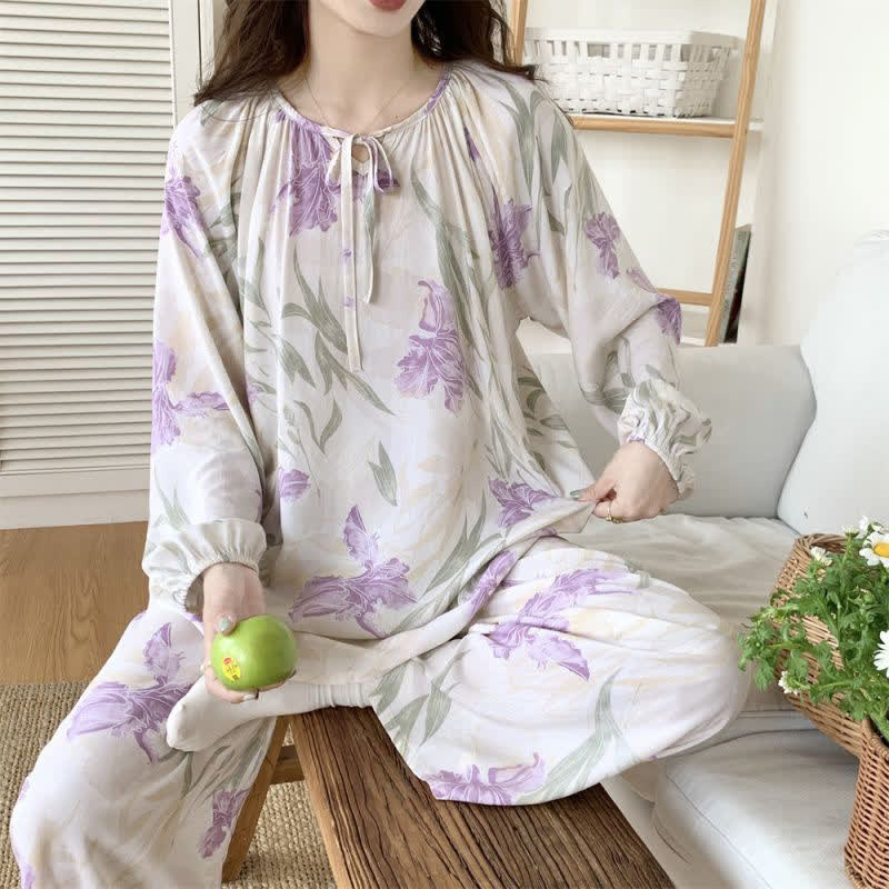 Round Neck Floral Butterfly Print Loungewear Set