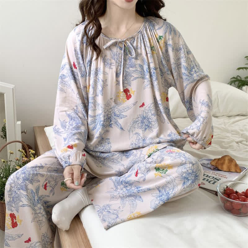 Round Neck Floral Butterfly Print Loungewear Set