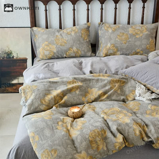 Cotton Gauze Neutral Floral Bedding Set(4PCS)