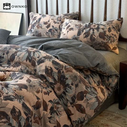 Yarn-dyed Gauze Jacquard Floral Cotton Bedding Set (4PCS)