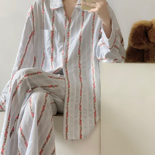 Plus Size Vintage Floral Stripe Loungewear Set
