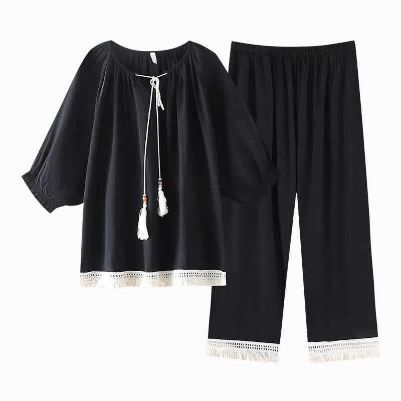 Loose Bamboo Cotton Tassel Loungewear Set