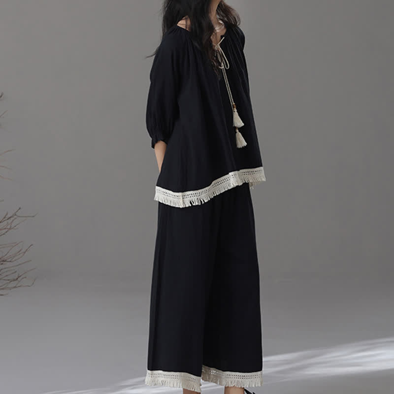 Loose Bamboo Cotton Tassel Loungewear Set