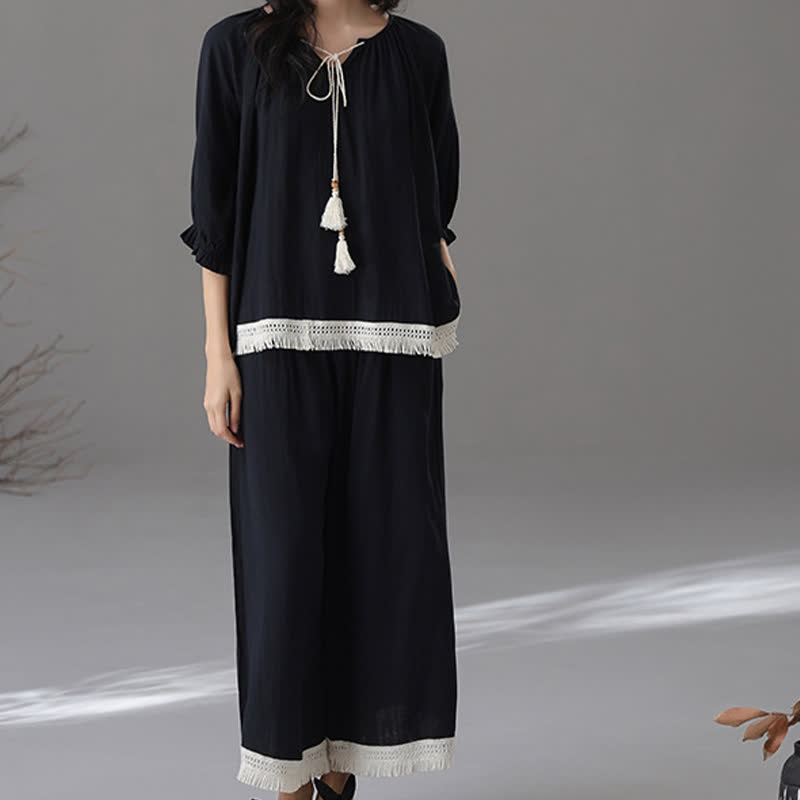 Loose Bamboo Cotton Tassel Loungewear Set