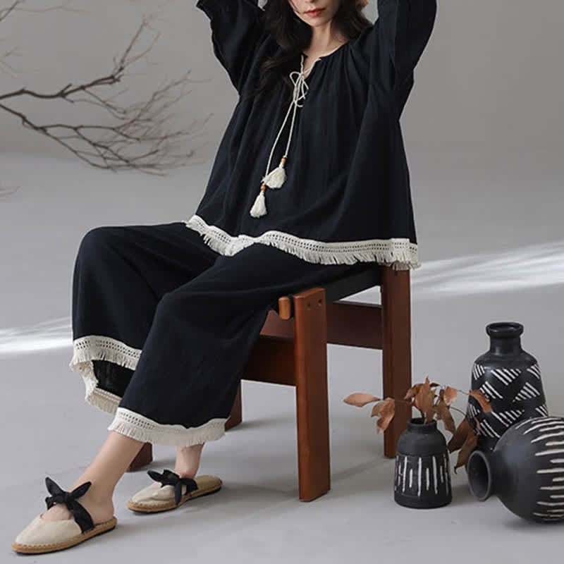 Loose Bamboo Cotton Tassel Loungewear Set