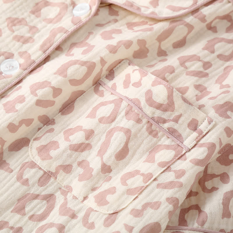 Leopard Print Cotton Gauze Lapel Pajama Set(3PCS)