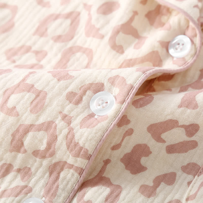 Leopard Print Cotton Gauze Lapel Pajama Set(3PCS)