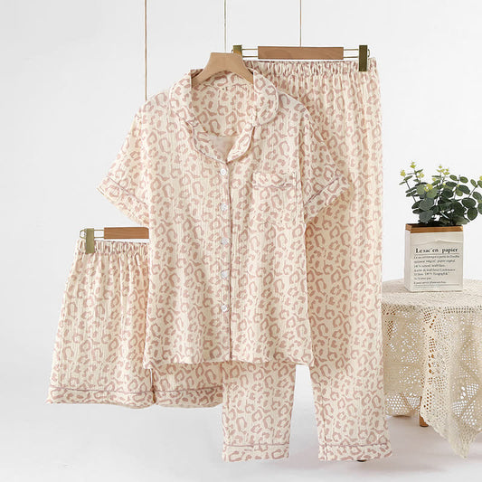 Leopard Print Cotton Gauze Lapel Pajama Set(3PCS)