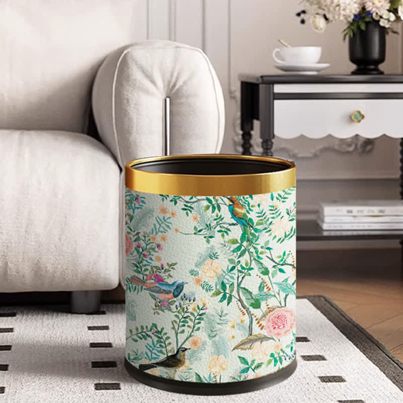 Floral Bird Leather Stainless Steel Trash Bin