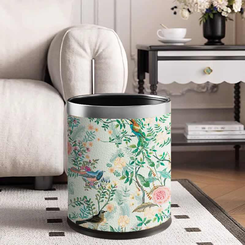 Floral Bird Leather Stainless Steel Trash Bin
