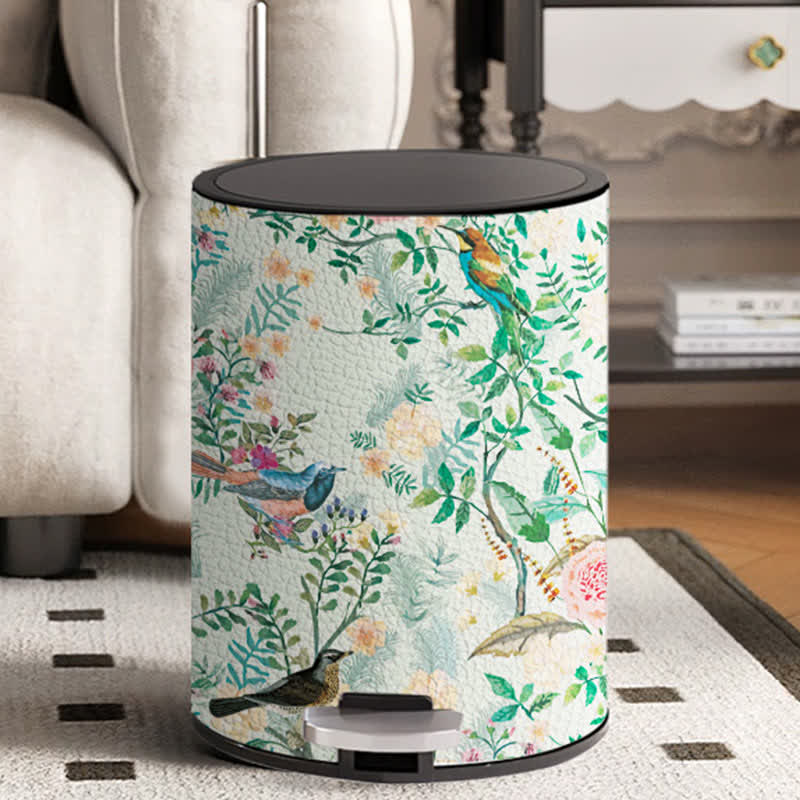 Floral Bird Leather Stainless Steel Trash Bin