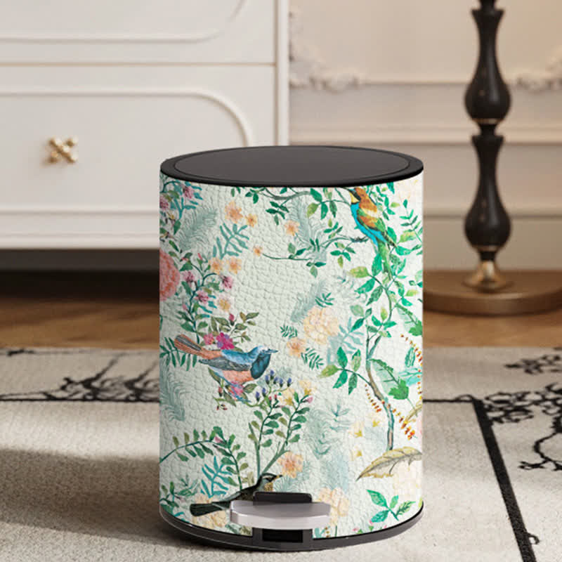 Floral Bird Leather Stainless Steel Trash Bin