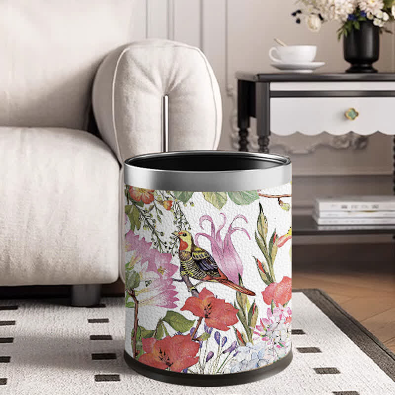Leather Elegant Floral Bird Durable Trash Bin