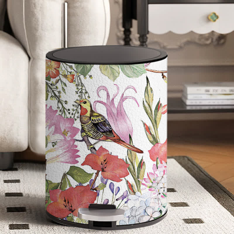Leather Elegant Floral Bird Durable Trash Bin