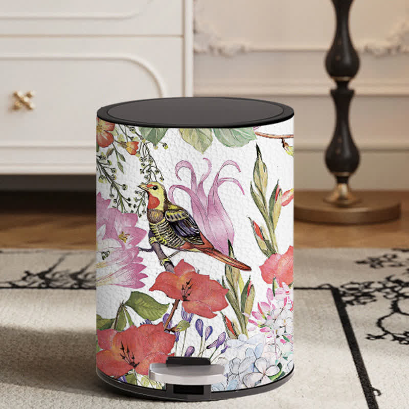 Leather Elegant Floral Bird Durable Trash Bin