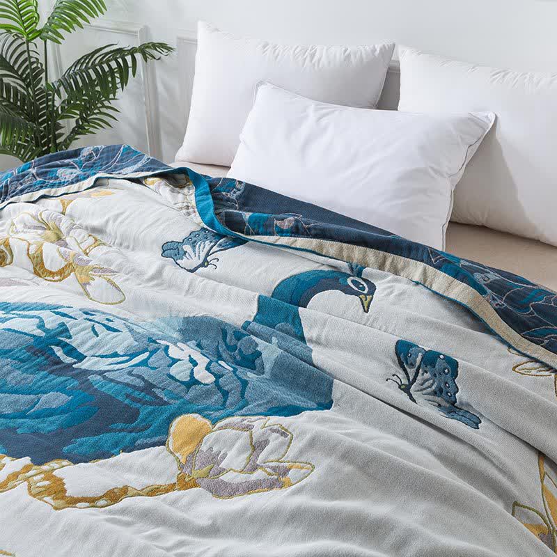 Cotton Gauze Jacquard Peacock Comfy Blanket