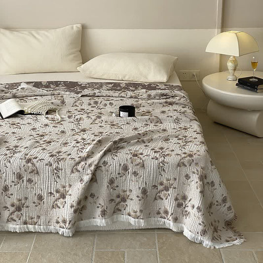 Vintage Floral Cotton Gauze Tassel Reversible Quilt