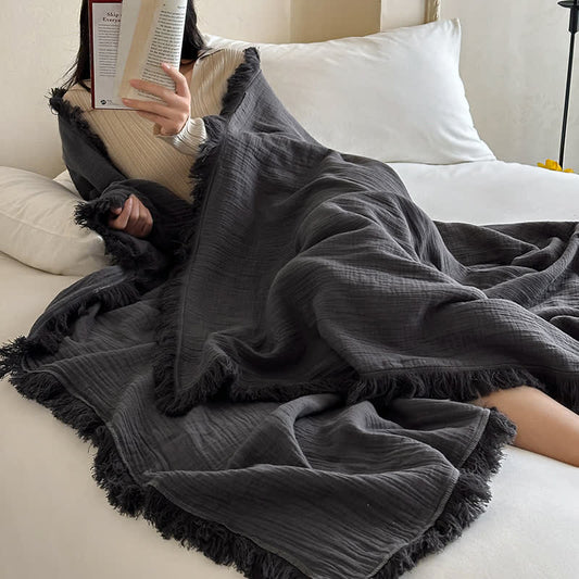 Simple Solid Color Tassel Cotton Gauze Blanket