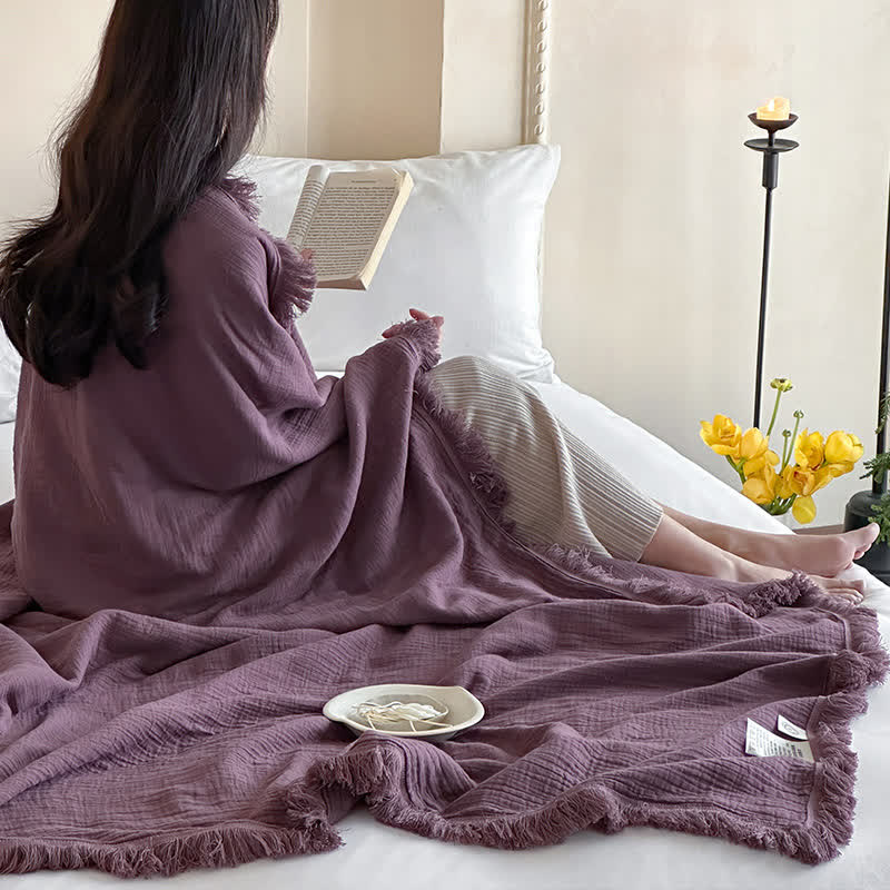 Simple Solid Color Tassel Cotton Gauze Blanket