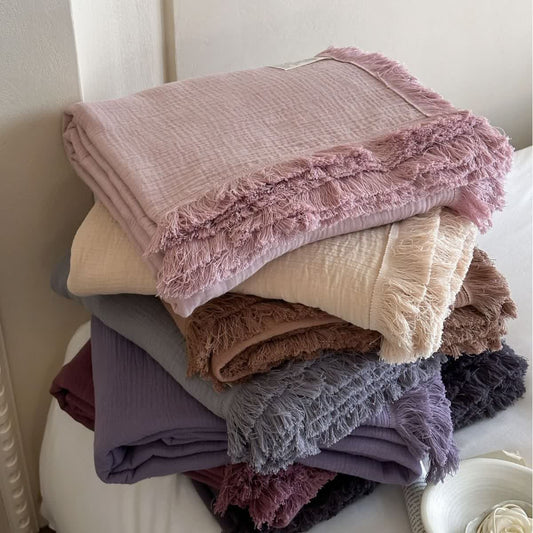 Simple Solid Color Tassel Cotton Gauze Blanket
