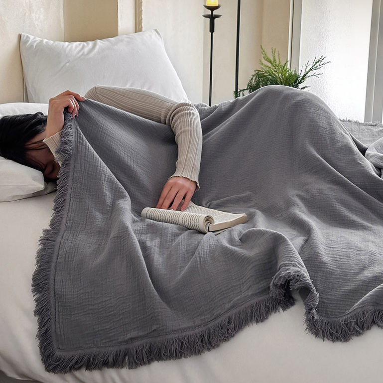 Simple Solid Color Tassel Cotton Gauze Blanket