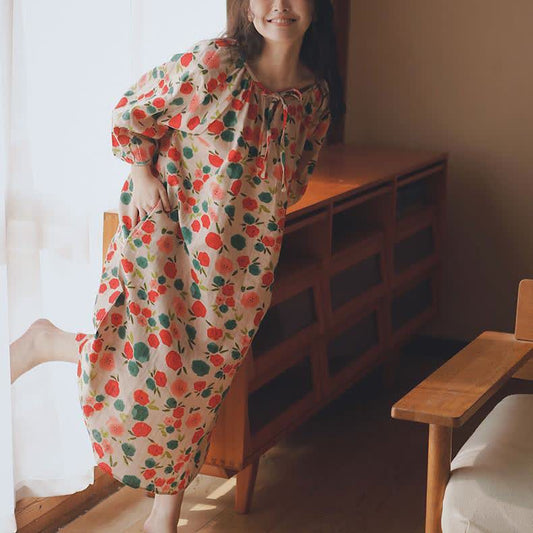Round-neck Cotton Gauze Elegant Floral Nightdress