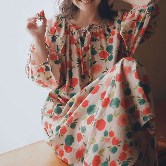 Round-neck Cotton Gauze Elegant Floral Nightdress