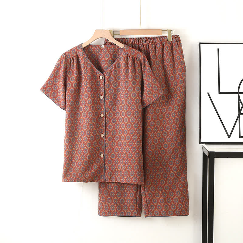 V-neck Vintage Jacquard Cotton Gauze Pajama Set