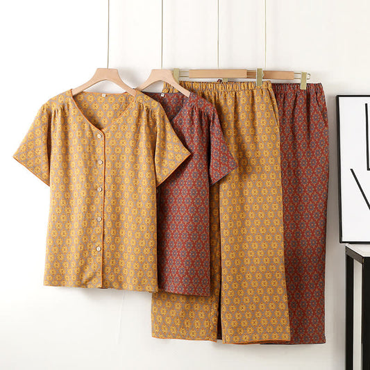 V-neck Vintage Jacquard Cotton Gauze Pajama Set