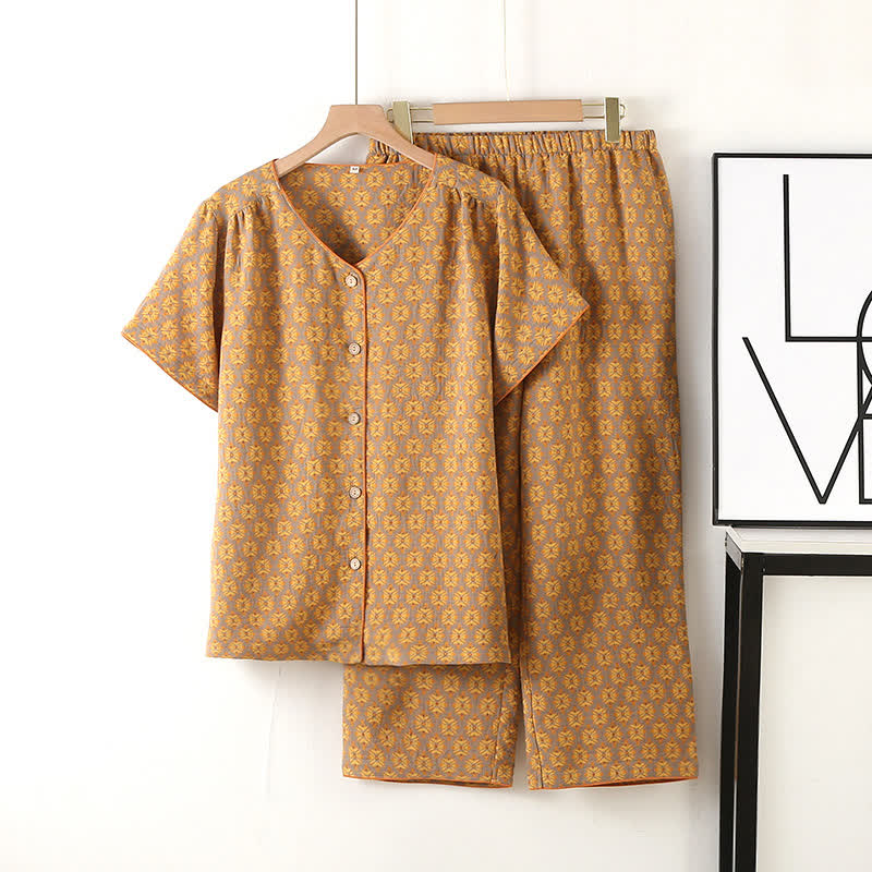 V-neck Vintage Jacquard Cotton Gauze Pajama Set
