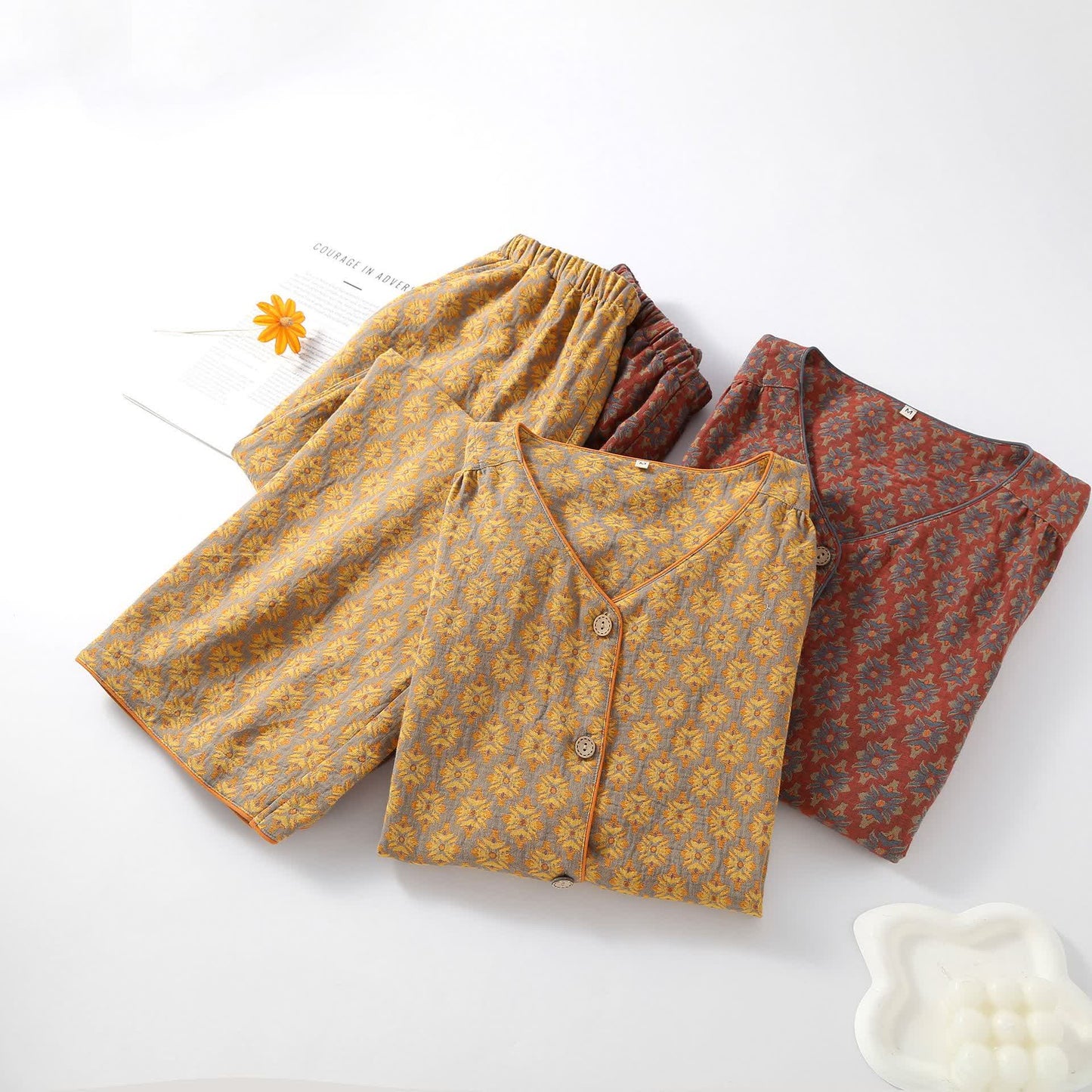 V-neck Vintage Jacquard Cotton Gauze Pajama Set