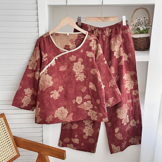 Vintage Floral Cotton Gauze Jacquard Nightwear Set