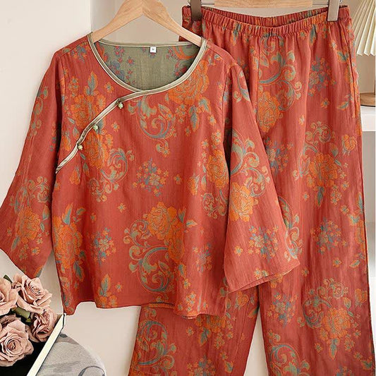 Retro Jacquard Cotton Gauze Casual Pajama Set
