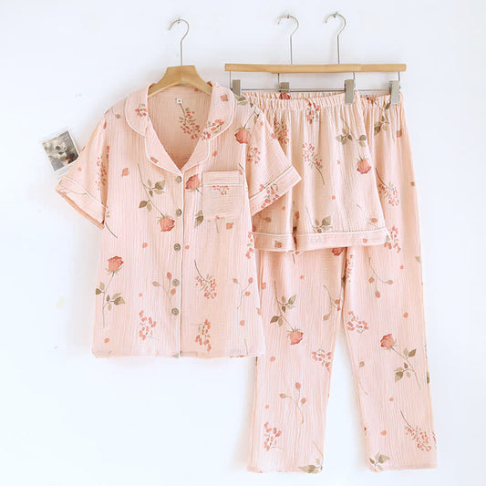 Rural Rose Cardigan Cotton Gauze Pajama Set(3PCS)