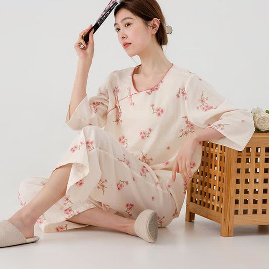 Elegant Plum Blossom Cotton Gauze Nightwear Set