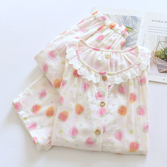 Cotton Gauze Sweet Strawberry Pajama Set
