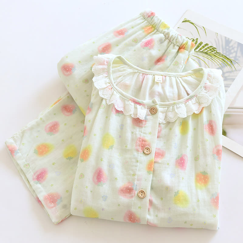 Cotton Gauze Sweet Strawberry Pajama Set