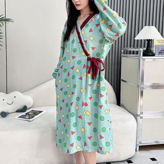 Plus Size Cotton Gauze Geometric Kimono Nightdress