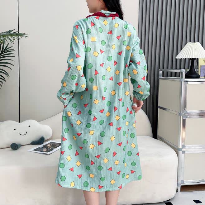 Plus Size Cotton Gauze Geometric Kimono Nightdress