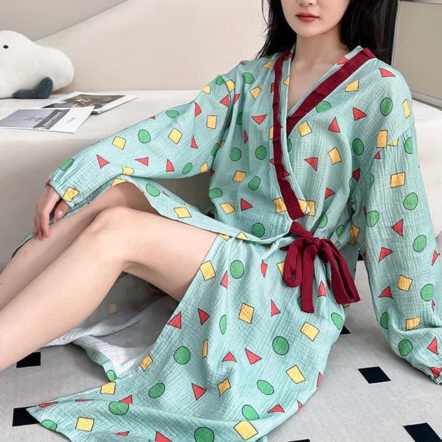 Plus Size Cotton Gauze Geometric Kimono Nightdress