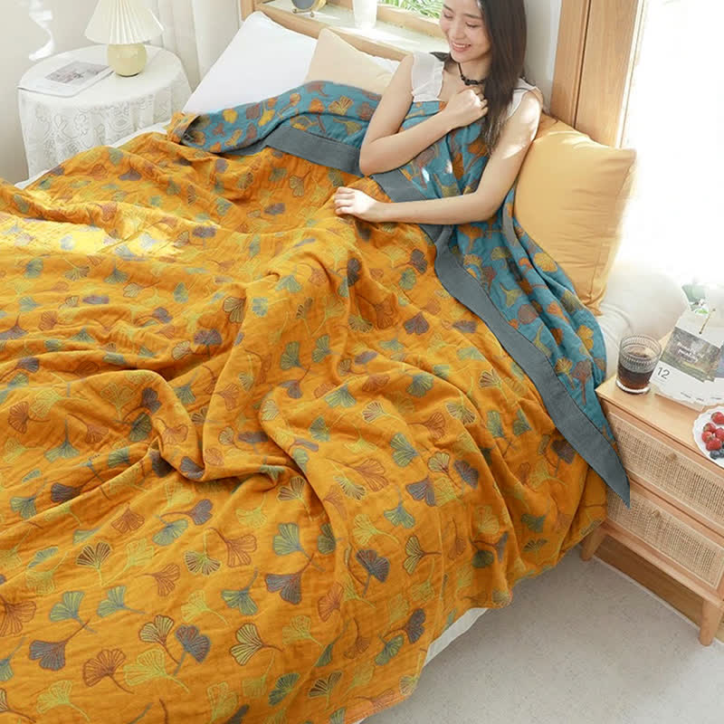 Ginkgo Leaf Pattern Cotton Reversible Quilt