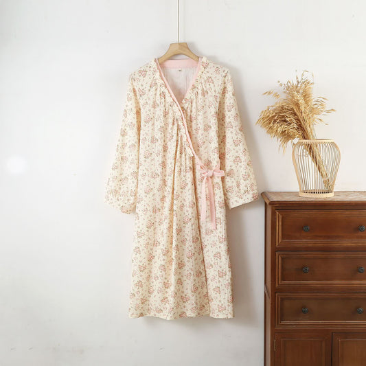 Cotton Double Gauze Floral Long Sleeve Nightdress