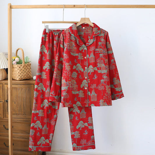 Cotton Double Yarn Jacquard Tree Loungewear Set