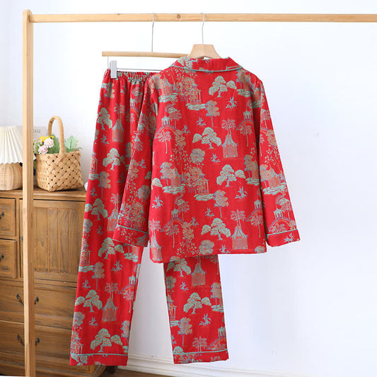 Cotton Double Yarn Jacquard Tree Loungewear Set