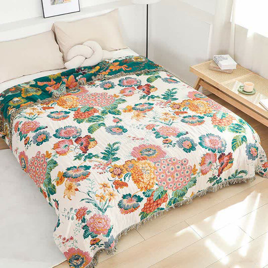Floral Cotton Multi-Layer Gauze Tassel Reversible Quilt