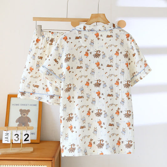 Rabbit Print Cotton Gauze Short Sleeve Loungewear Set
