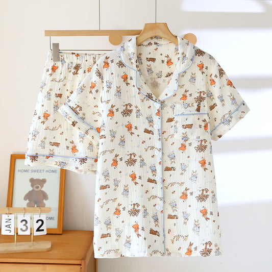 Rabbit Print Cotton Gauze Short Sleeve Loungewear Set