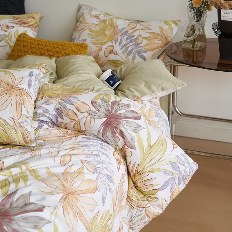 Leaf Print Cotton Sheet Bedding Set(4PCS)