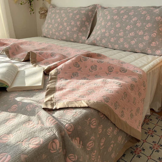 Rose Print Cotton Gauze Reversible Coverlet